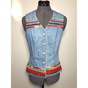 Vtg 90s Boho Denim Vest Embellished Trim Button Front Lucia Lukkes S B-34"